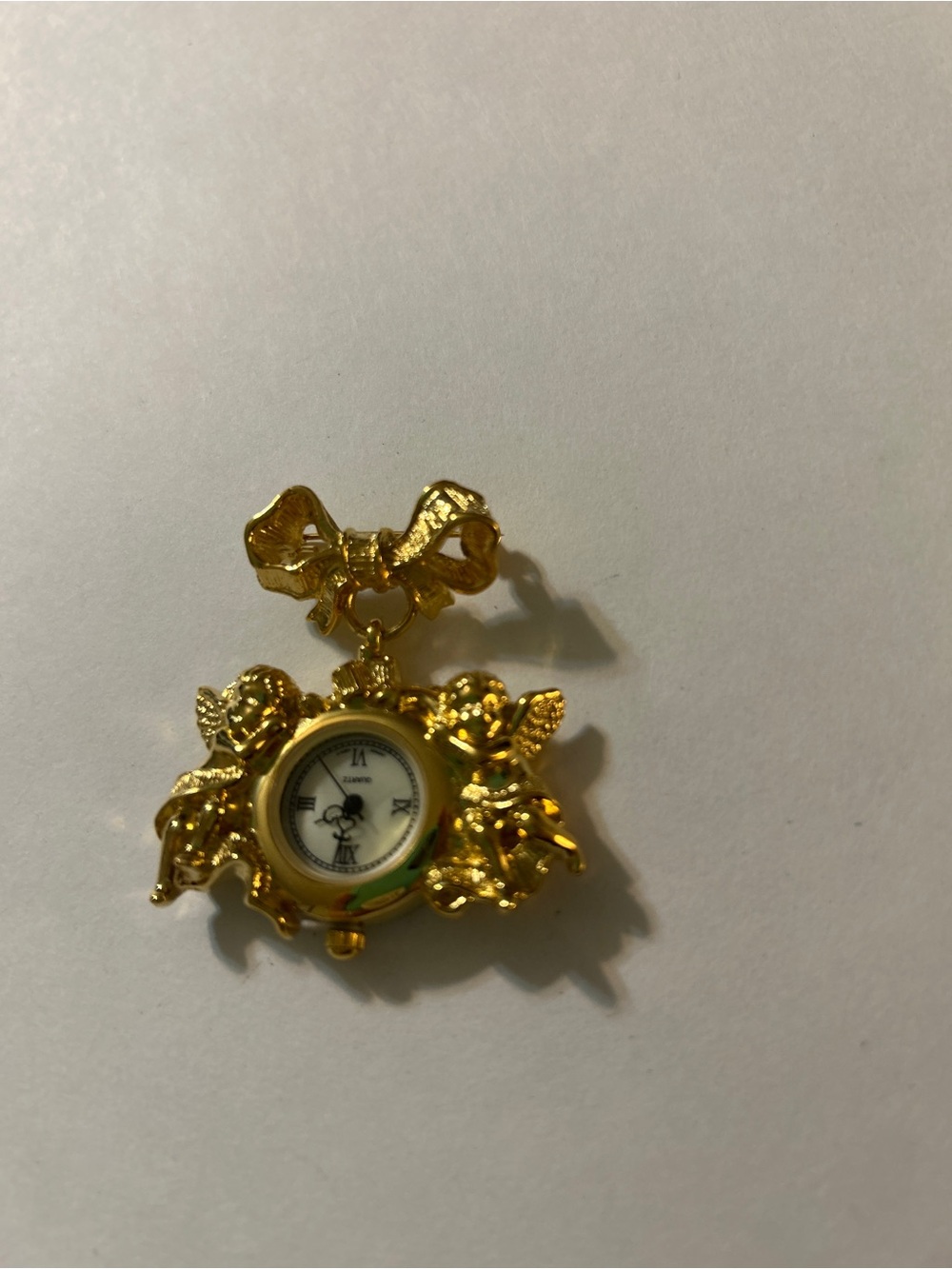 Vintage Avon Signed Gold Cherub Angel Bow Nurse Watch Brooch